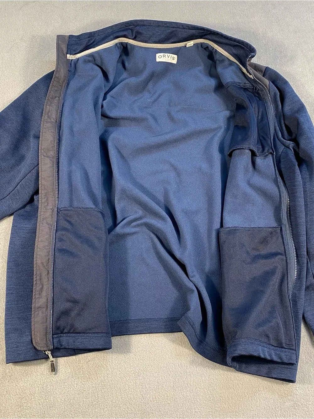 Orvis men’s Navy & Charcoal Zip-Front Long Sleeve Jacket, pockets, lined,size XL